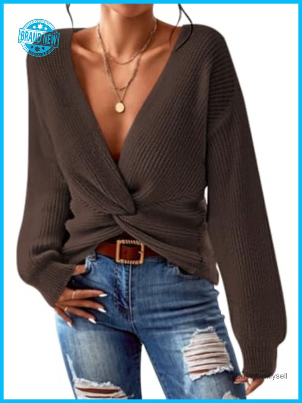 Pink Queen Women Cropped Sweater V Neck Twist Front Knit Pullover